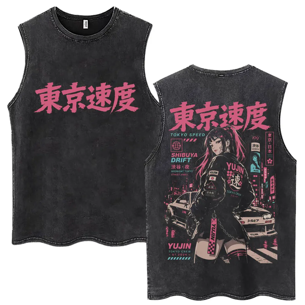 Washed Anime Initial D Drift Shibuya JDM Racing Car Tank Tops Men's Fashion Vintage Cotton T-shirt Casual Sleeveless Loose Vests