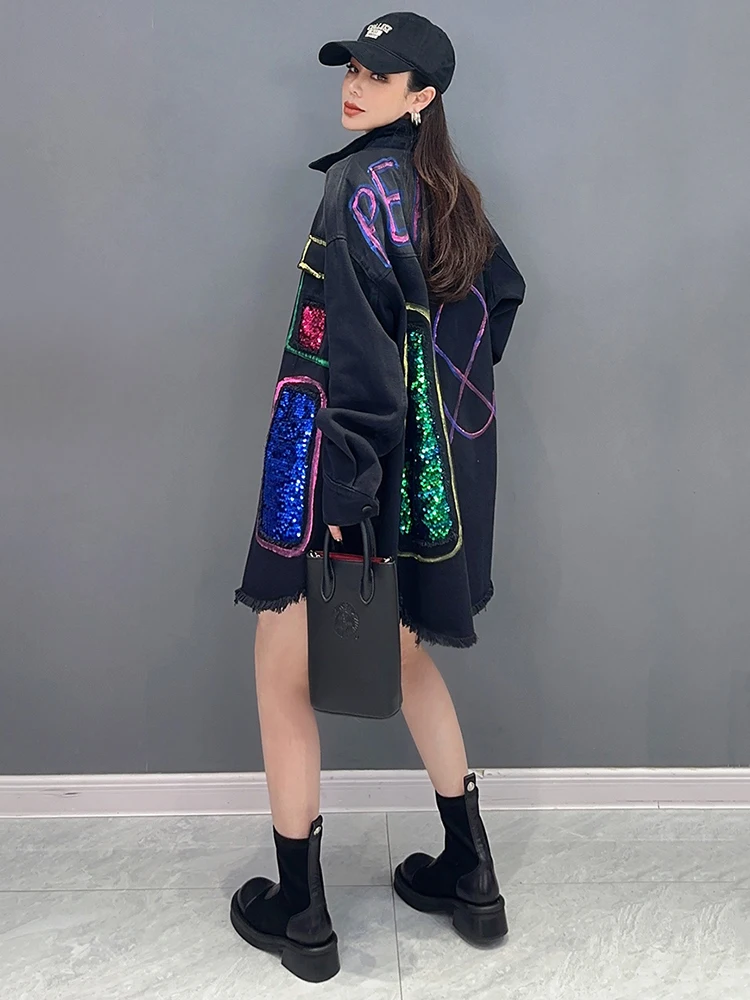 SHENGPALAE Sequins Spliced Denim Shirt For Women Contrast Color Pocket Design Loose Fashion Blouse Coat Spring 2024 New 5R9247