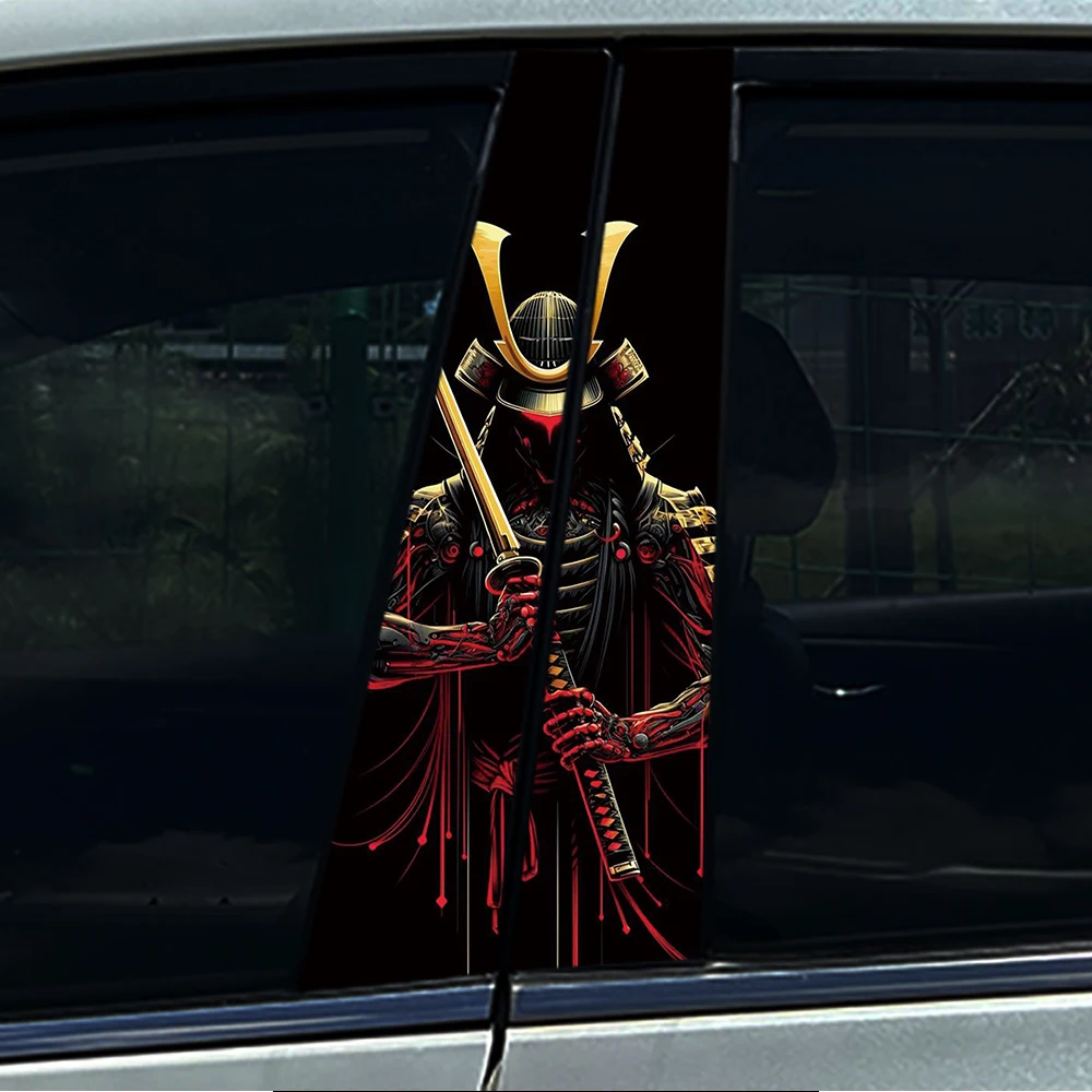 2PCS Badass Cyber Samurai Car Pillar Sticker, Mechanical Warrior with Katana, Anti-UV Waterproof Decal for JDM Auto B-Pillar