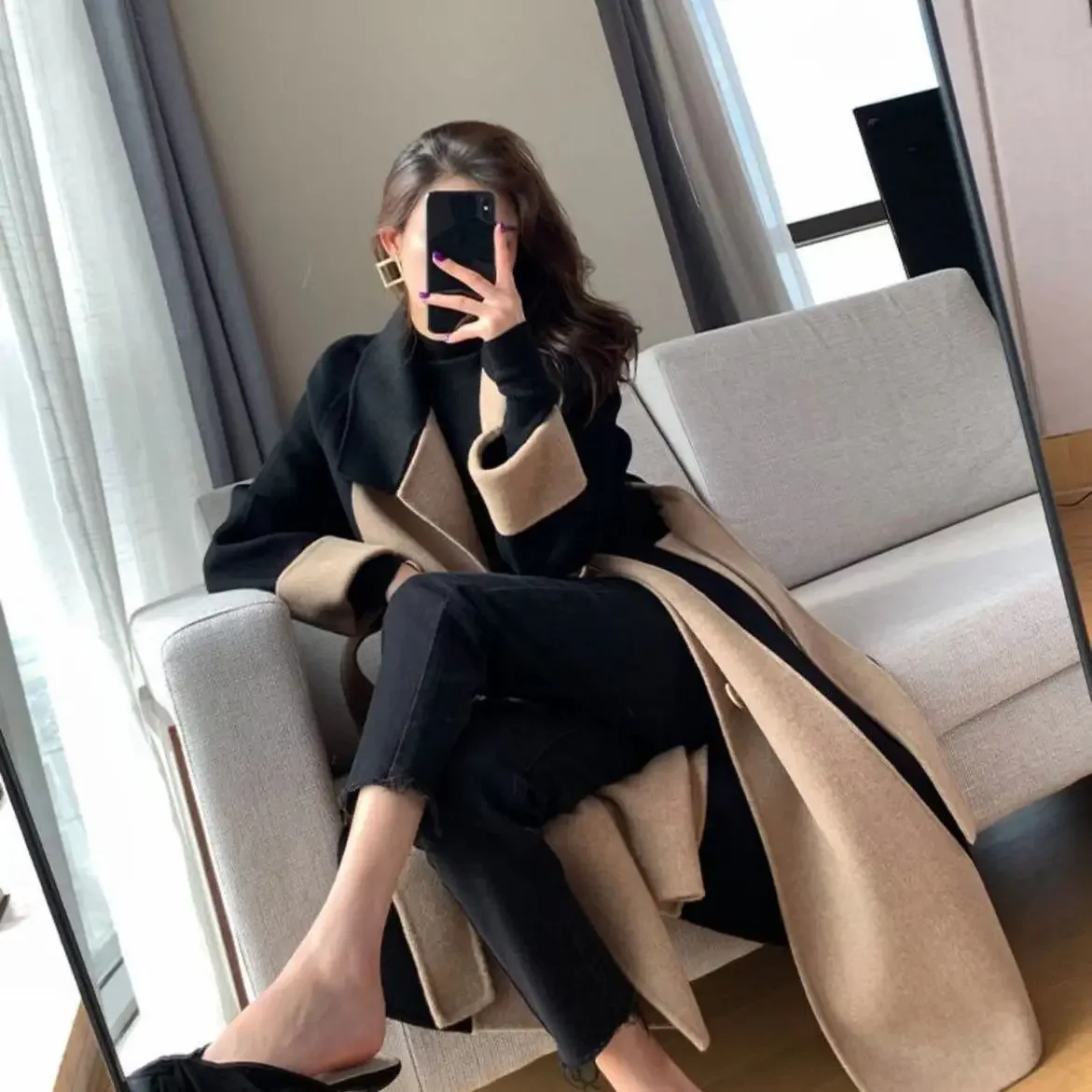 Chic Woolen Patchwork Trench Coat for Women Double-breasted Cardigan Anti-wrinkle Lapel  Winter Coat High Sense Overcoat Outwear