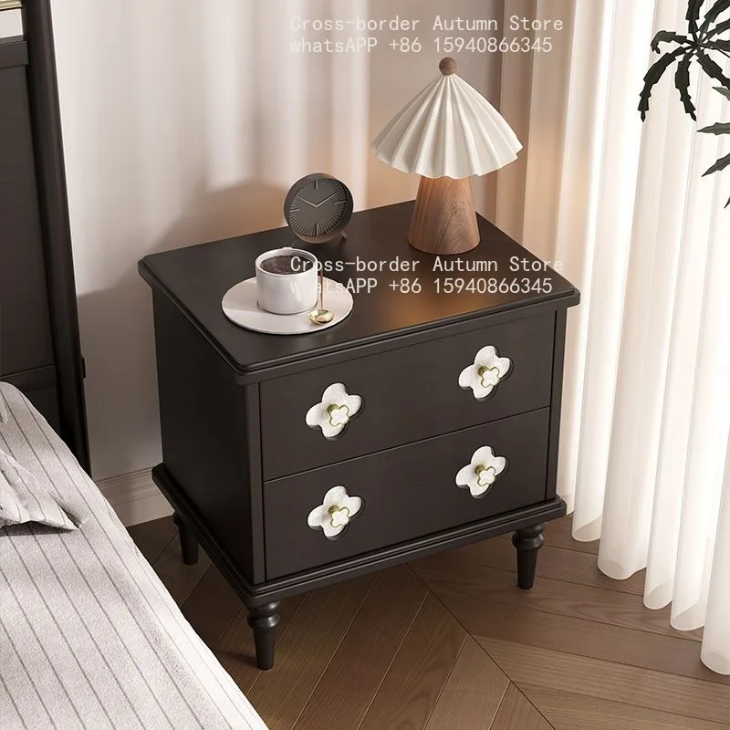 French retro bedside table solid wood small storage black antique storage low cabinet household bedroom bedside cabinet