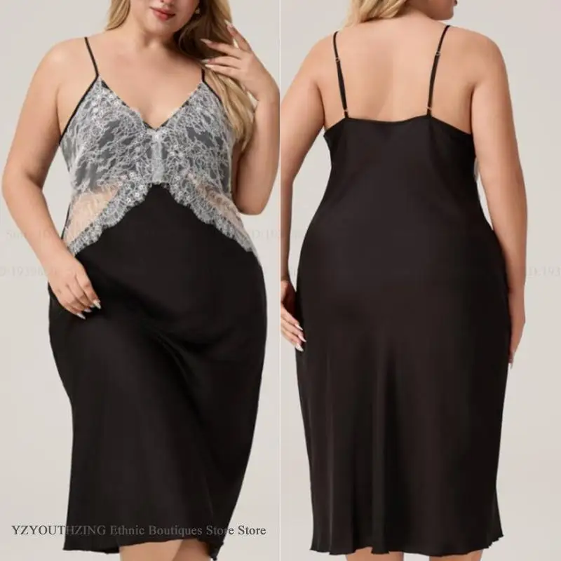 

Большой размер 3XL 4XL 5XL, женская ночная рубашка, домашнее платье, сексуальная ажурная кружевная одежда для сна, ночная рубашка на подтяжках, нижнее белье из искусственного шелка, одежда для отдыха