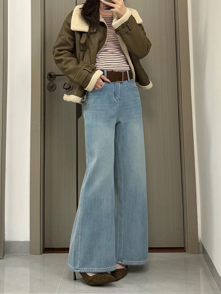 

Зимние джинсы-колокольчики на подкладке Thiened Fce с высокой талией в стиле ретро, Гонконг, застежка-молния, износостойкие облегающие женские джинсы...