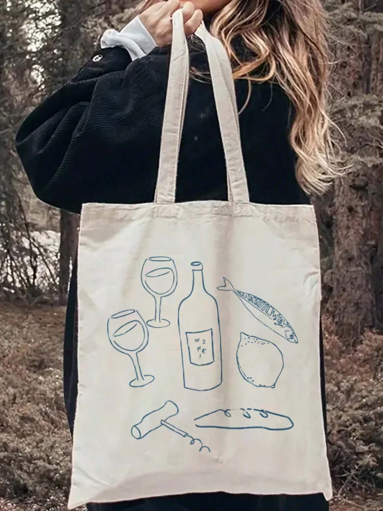 1pc Reusable Women Shopping Bag No Zipper Canvas Bag Vintage Pattern Canvas Tote Bag Beach Bag for Travel, Grocery, Outings