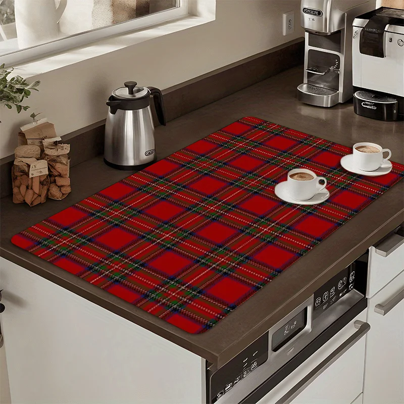 VIKAMA Scotch Plaid Dish Drying Mat Absorbent Non Slip Soft Washable Coffee Mug Cup Spoon Pad for Countertop Kitchen Decor