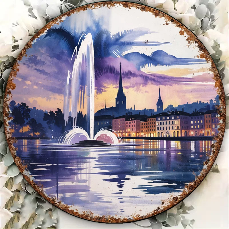 Retro Geneva Fountain 8x8in Round Aluminum Sign, Lake City Wall Art for Home Bar Cafe Decor Gift