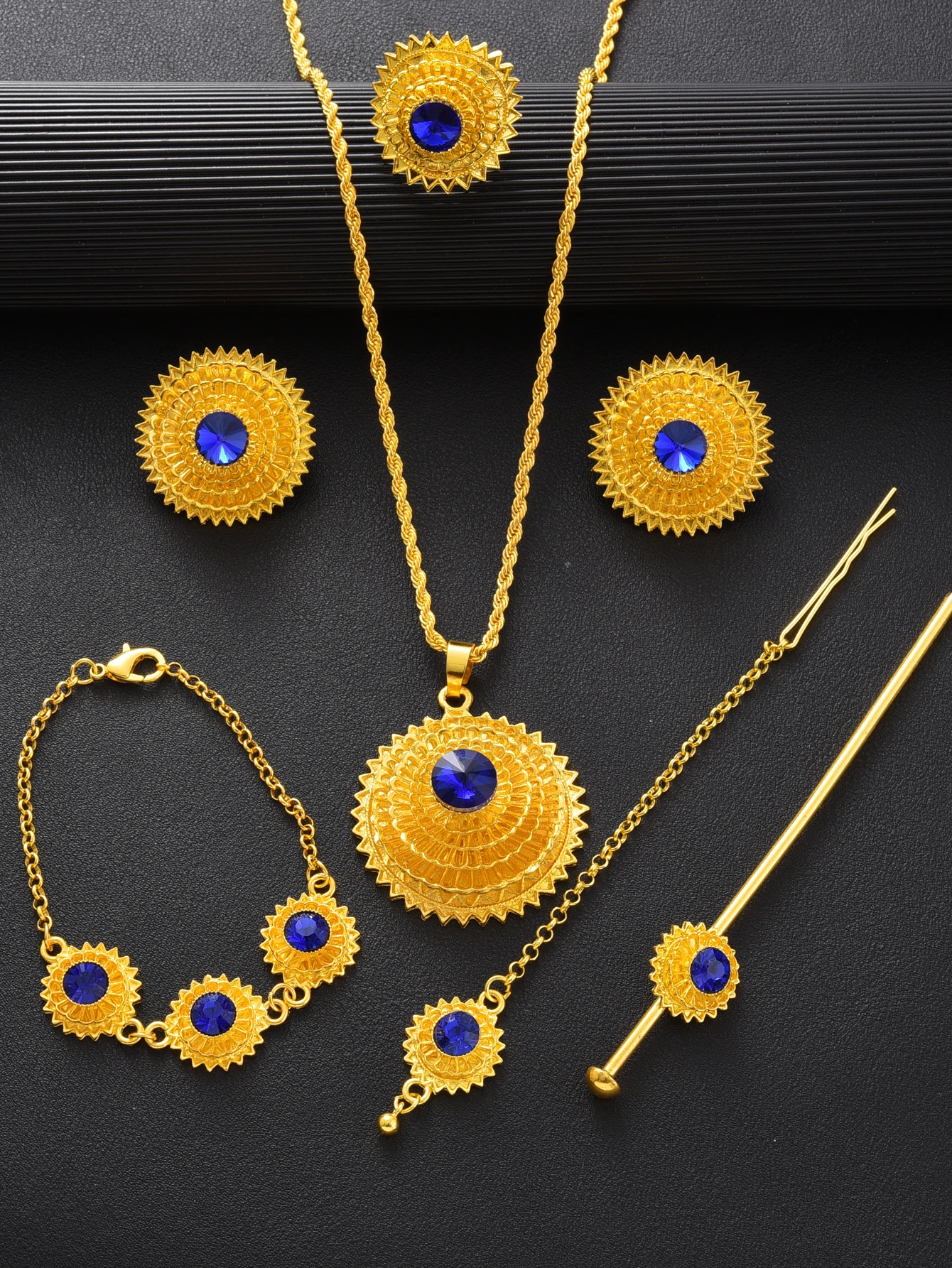 Golden Color Ethiopian Jewelry Set Blue Diamond Hairpin Head Chain Bracelet 6-Piece Set African Eritrean Wedding Engagement Gift