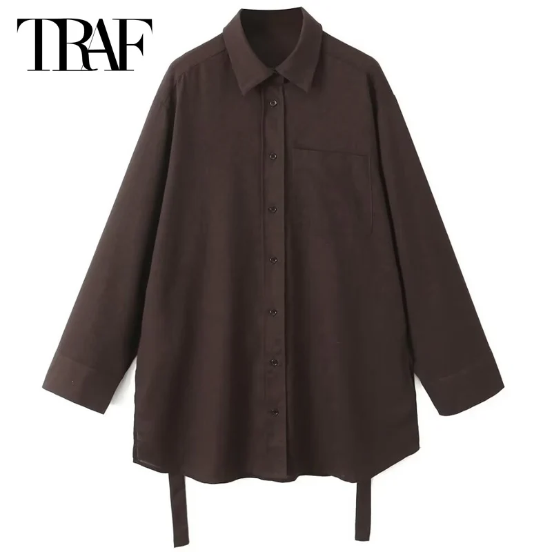 

Блузка женская льняная однотонная с отложным воротником, длинным рукавом и карманами