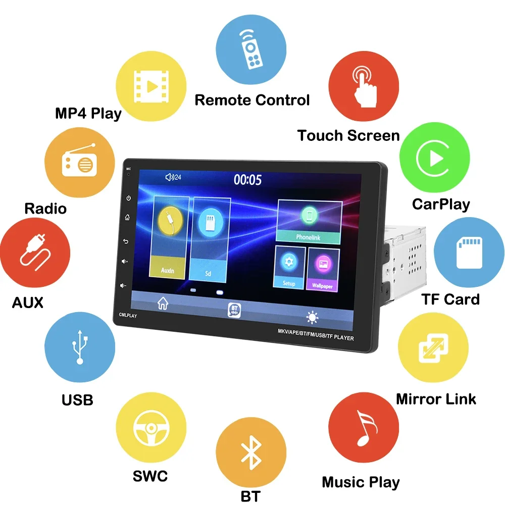 Podofo Car Stereo Radio 1din 9'' Universal Car MP5 Player Carplay Android auto Bluetooth FM Radio Receiver Support TF/USB Camera