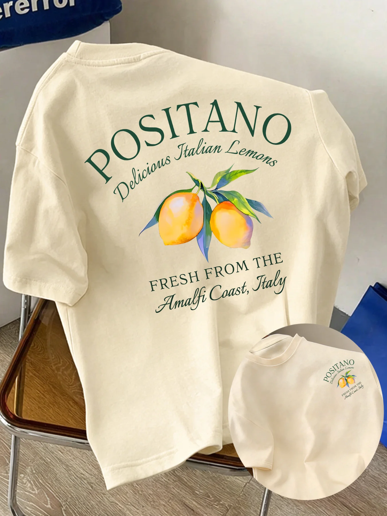 Summer Mediterranean Vacation Men Cotton T-Shirt Retro Positano Italian Lemon Graphic Back Print Loose Beach Casual Short Sleeve