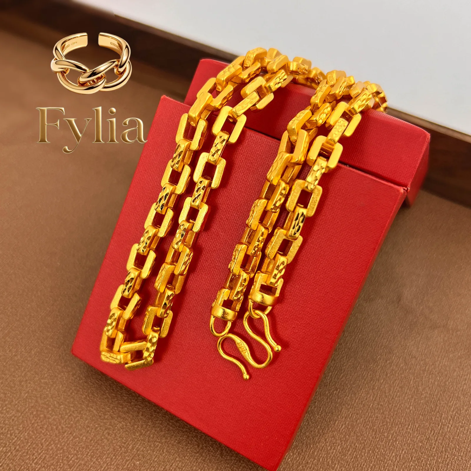 

Fylia Jewelry 9999 pure gold jewelry 24K real gold square men necklace buckle chain fashion accessories men's domineering neck
