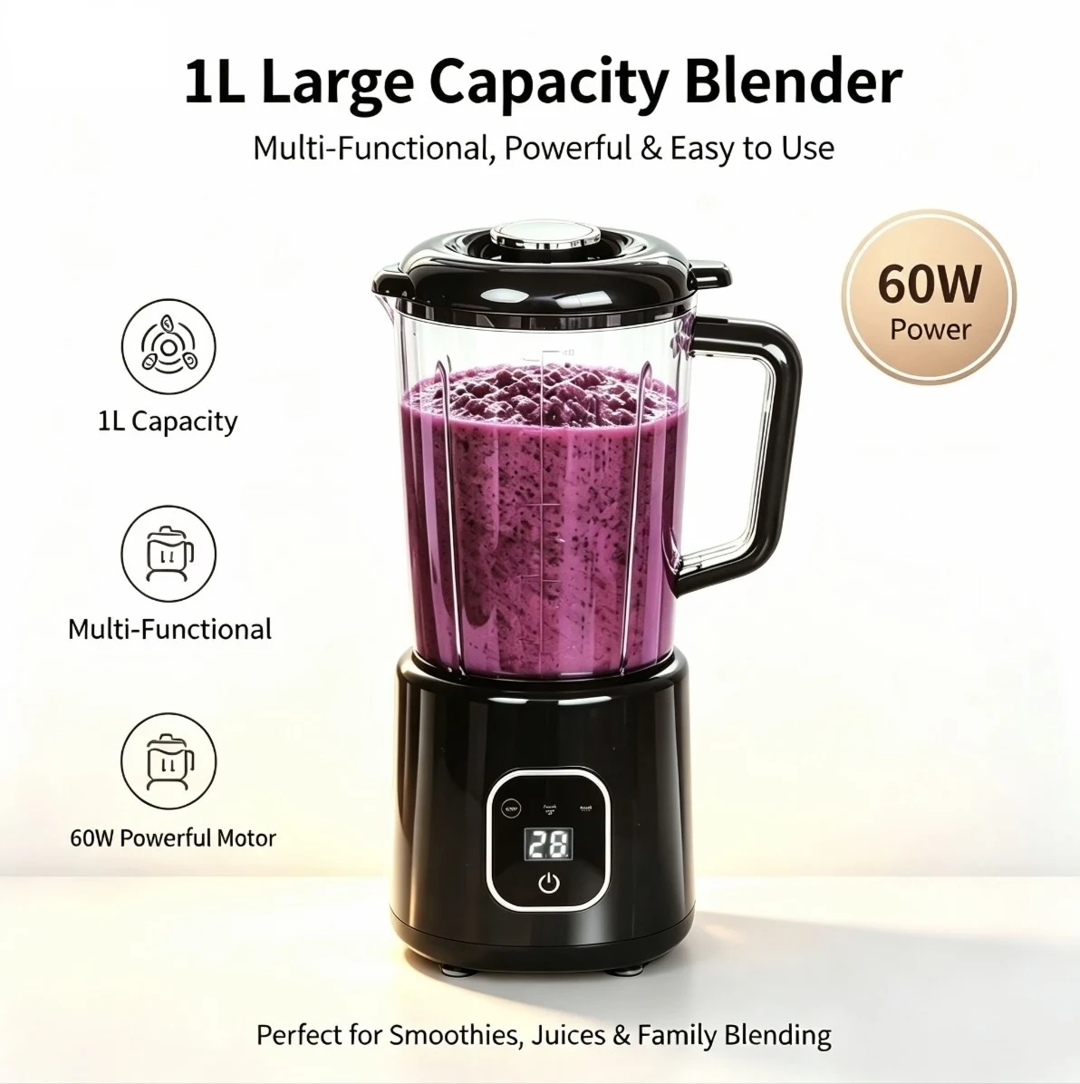 1L Electric Blender 60W Powerful Motor Multi-functional Juicer Smoothie Maker LED Display Easy Clean Countertop Blender for Baby
