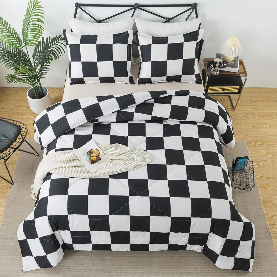 

Black White Plaid Comforter Set Queen Size, Buffalo Check Plaid Comforter Bedding Set for All Seasons, Farmhouse Soft Microfiber