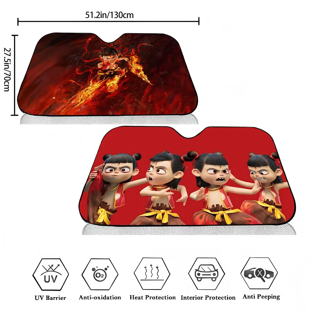 N-Ne Zha 2 Anime Car Windshield Funny Sun Shade Foldable UV Ray Sun Visor Protector Sunshade For Front Window