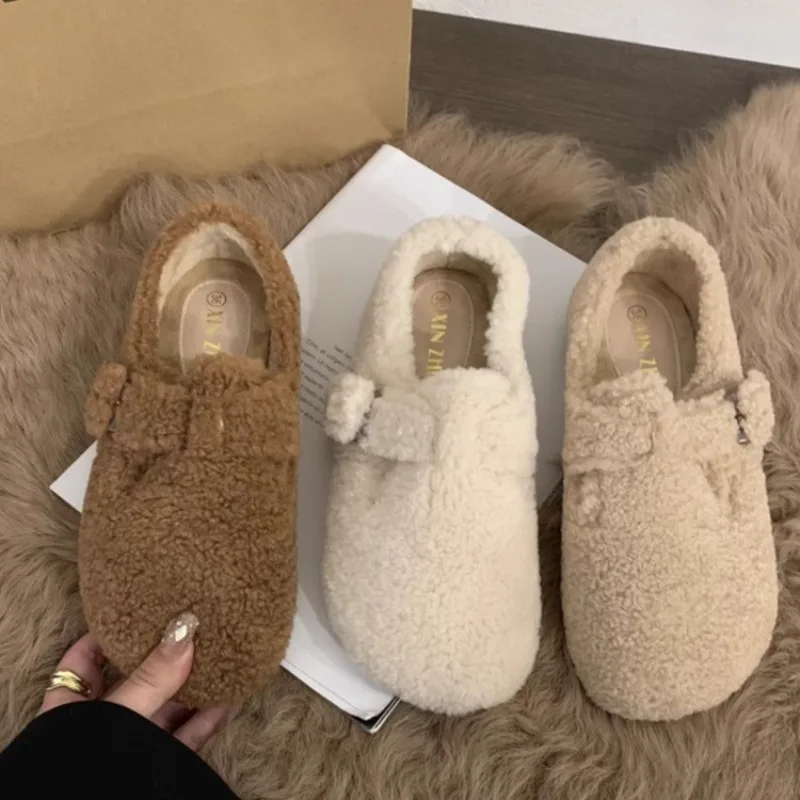 

Winter Design Fur Women Mary Jane Shoes Concise Keep Warm Outdoor Shoes Ladies Comfort Cotton Flats Shoes