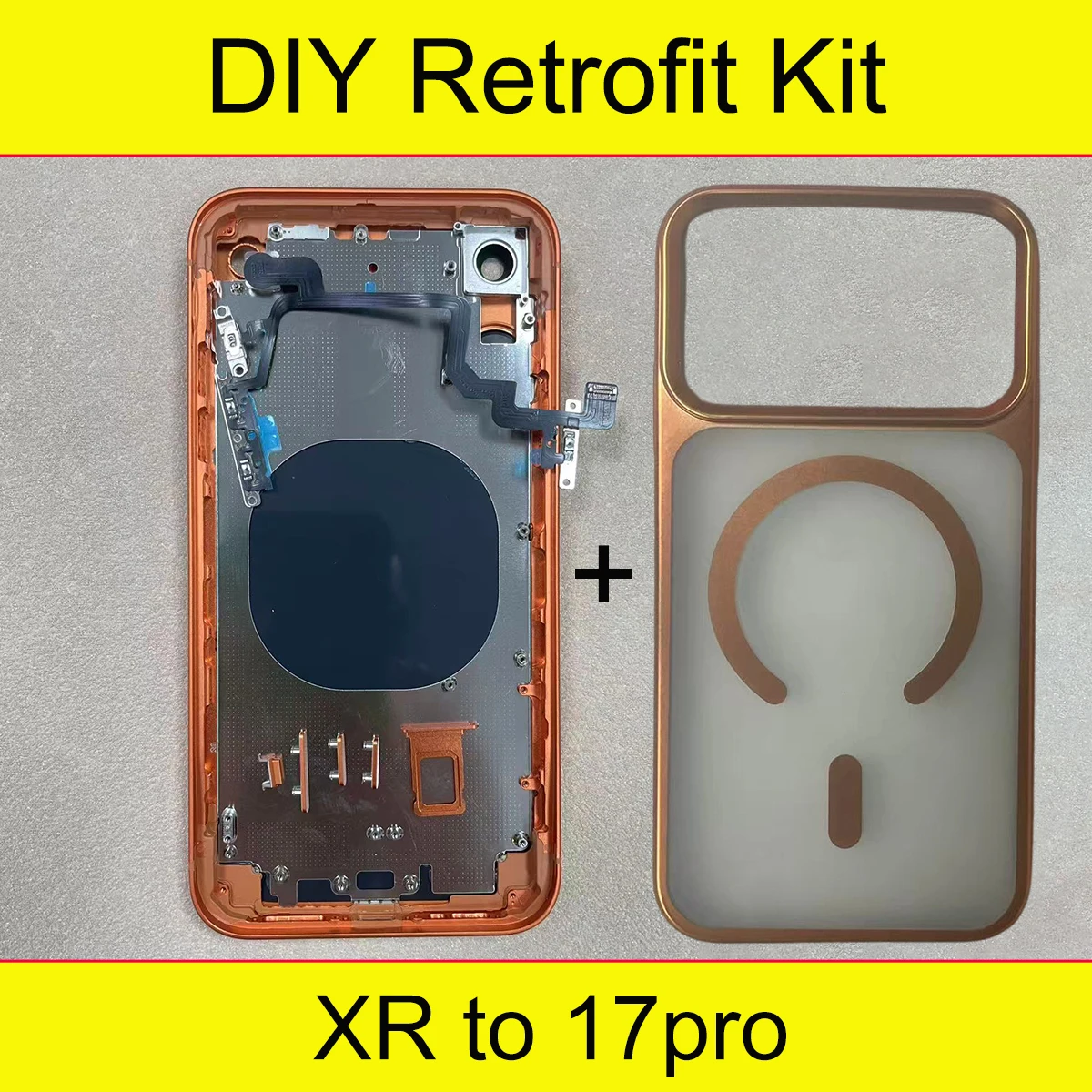 1Set DIY Retrofit Housing For iPhone XR, 17 Pro Style Assembly With Frame, Flex Cable, Side Keys and Custom Matching Phone Case