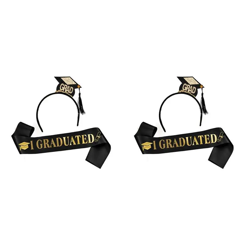 

НОВИНКА - Набор из 2 предметов: повязка на голову для выпускников, атласная лента для выпускников, украшения для выпускной вечеринки 2024, реквизит для фотосессий, мини-шапочка выпускника