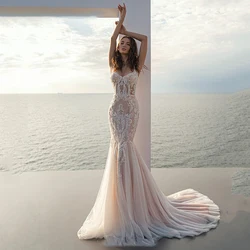 2025 Champagne Mermaid Wedding Dresses Women's Elegant Strap Applique Lace Bridal Gowns Bohemian Robe De Mariée Customized 2024