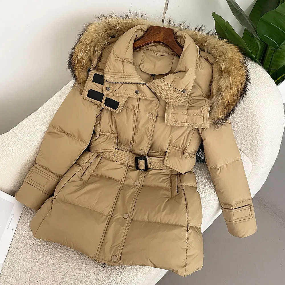 معطف فرو الثعلب/الراكون الحقيقي مع حزام بقلنسوة دافئ سميك من الفرو الحقيقي أسفل سترة منتفخة للسيدات 2024 جديد شتاء أبيض بطة أسفل سترة النساء #1