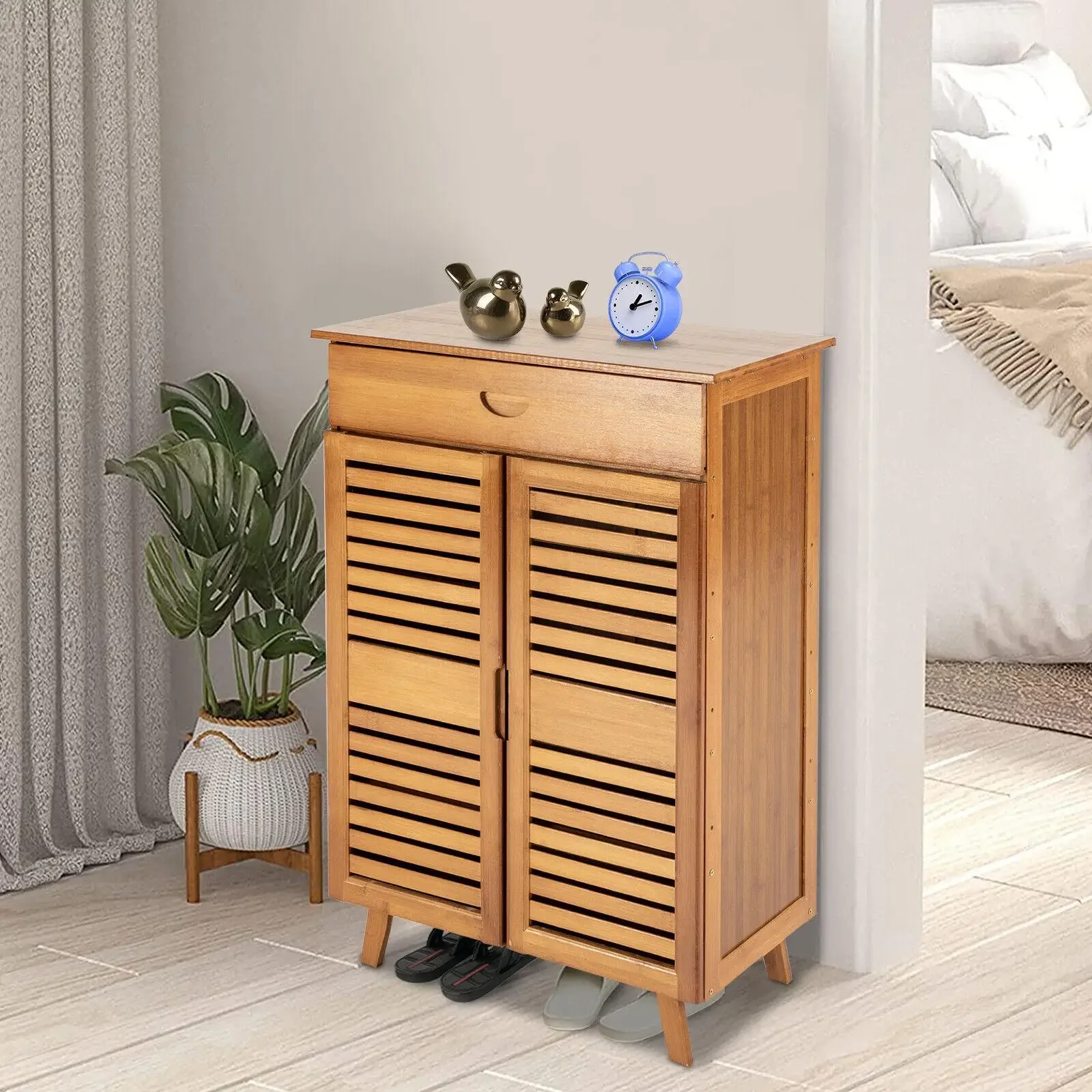 4-Tier Bamboo Shoe Cabinet Shutter Door Cabinet Boots Shelf Bookcase Organizer Drawer Pantry Kitchen Cabinet