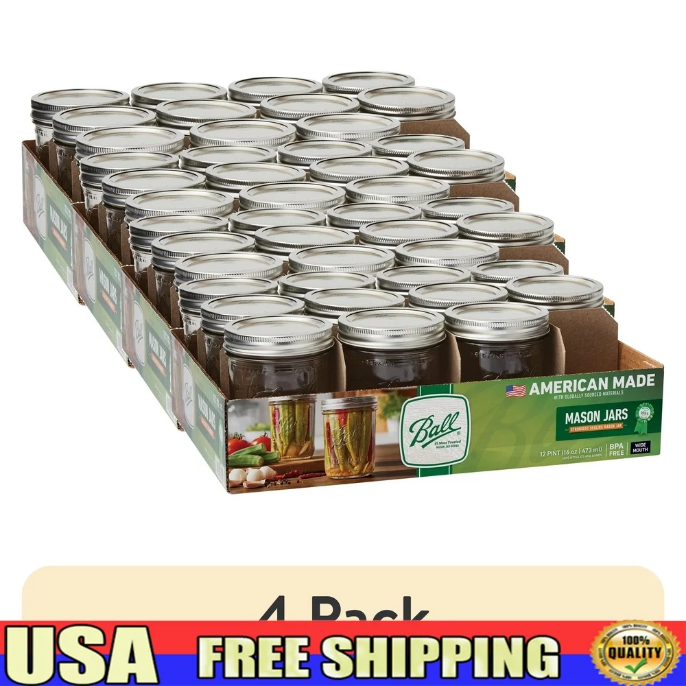 

12 Pack Wide Mouth 16oz Glass Mason Jars with Lids Bands Airtight Seal Preserving Canning Crafting Gift Giving BPA Free