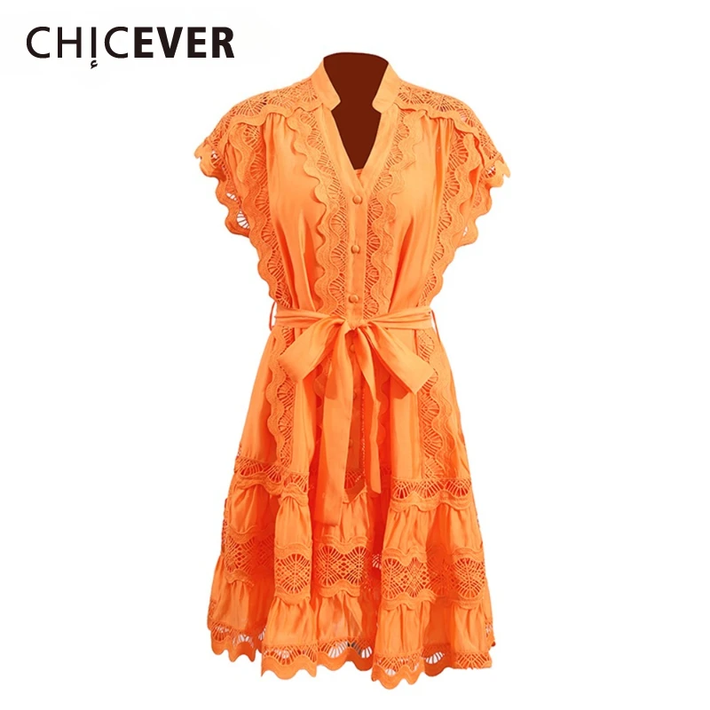 

CHICEVER Orange Color Spliced Hollow Out Short Dress for Women V Neck Short Sleeve High Waist Patchwork Lace Up Dresses Female