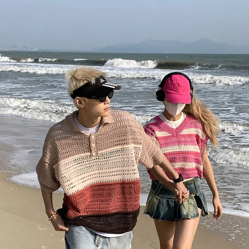 

TFETTERS Brand Korean Hollow Out Men Sweater 2024 Summer Turn Down Collar Striped Knitwear Man Beach Streetwear Couples Clothes