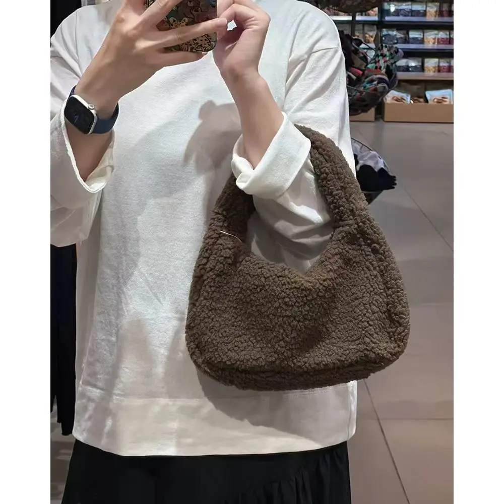 Fleece Women's Handbag Winter Korean Style Beige Soft Lamb Wool Purse Large Capacity Zipper Casual Daily Commuter Handbag