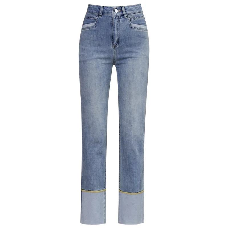 جينز مستقيم الساق للنساء، للربيع والخريف، خصر عالي، تنحيف، متعدد الاستخدامات، تسع نقاط، صغير الحجم، سروال أسود