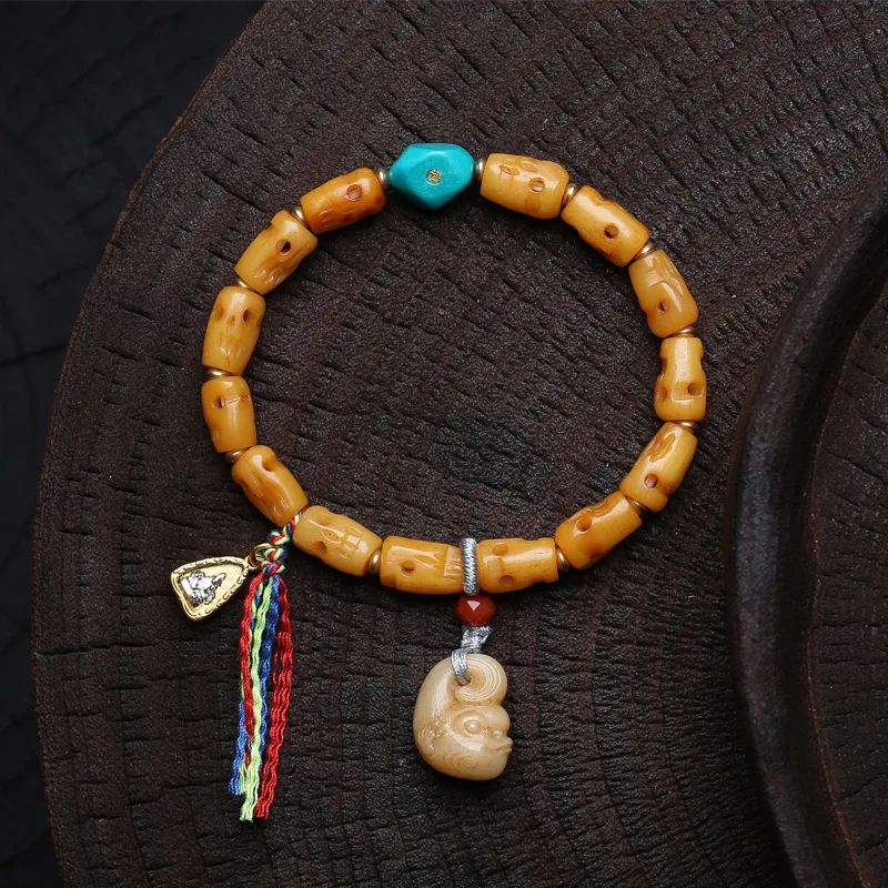 Tibetan Carving Yak Bone Dice Three-Way Turquoise Accessory Vintage Bracelet