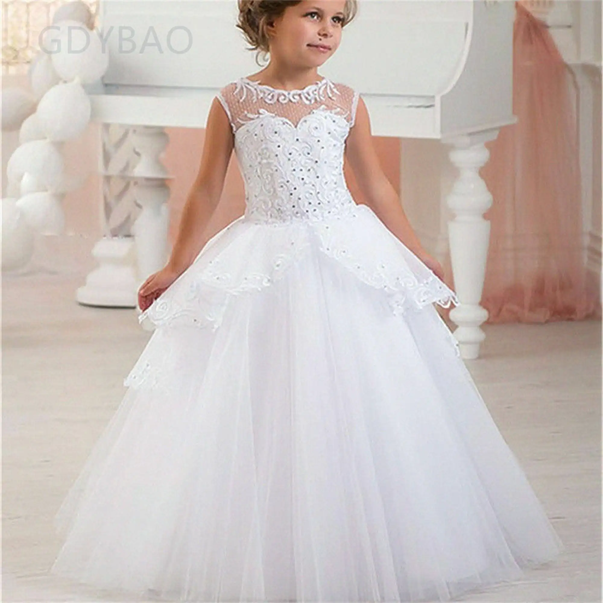 

Flower Girl Dresses Elegant For Girl First Communion Pageant Dresses White Lace Appliqué Sleeveless Princess