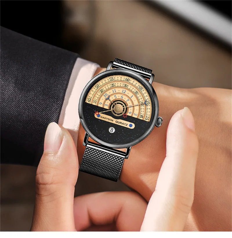 2023 New Fashion Creative Watch Men Casual Sport Watches Unique Turntable Silver Mesh Band Quartz Wristwatches Men Montre Homme