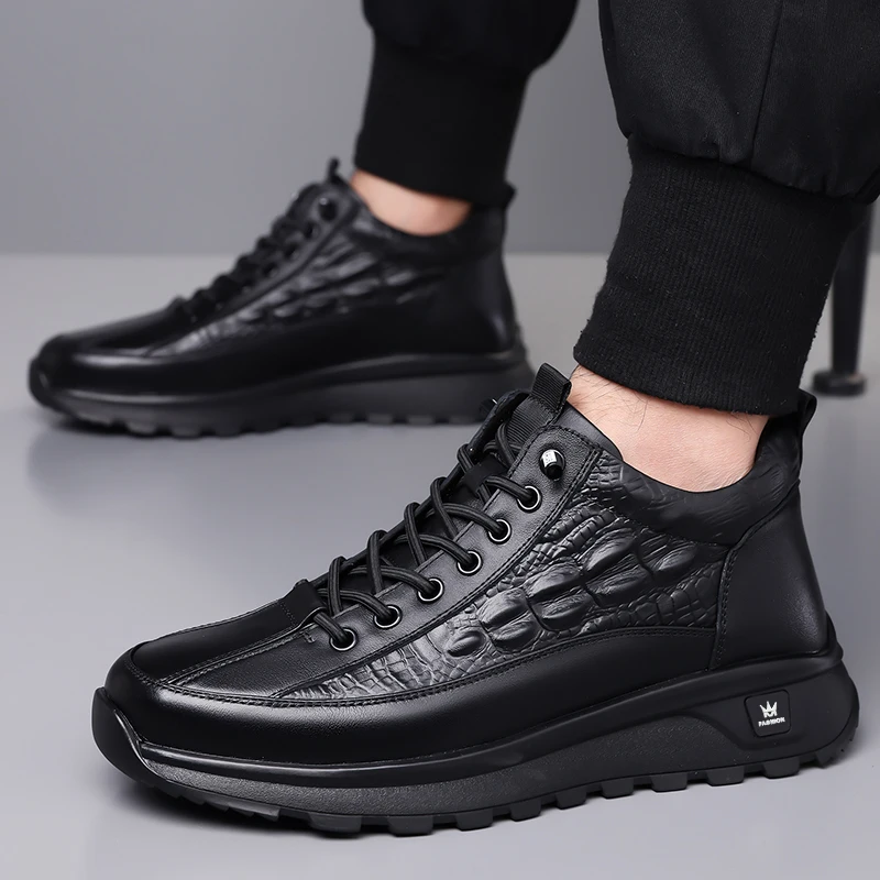 Genuine Leather Crocodile Pattern Northeast Cashmere Snow Boots Fashionable Lace Up Warm Cotton Shoes with Fleece Winter Men's