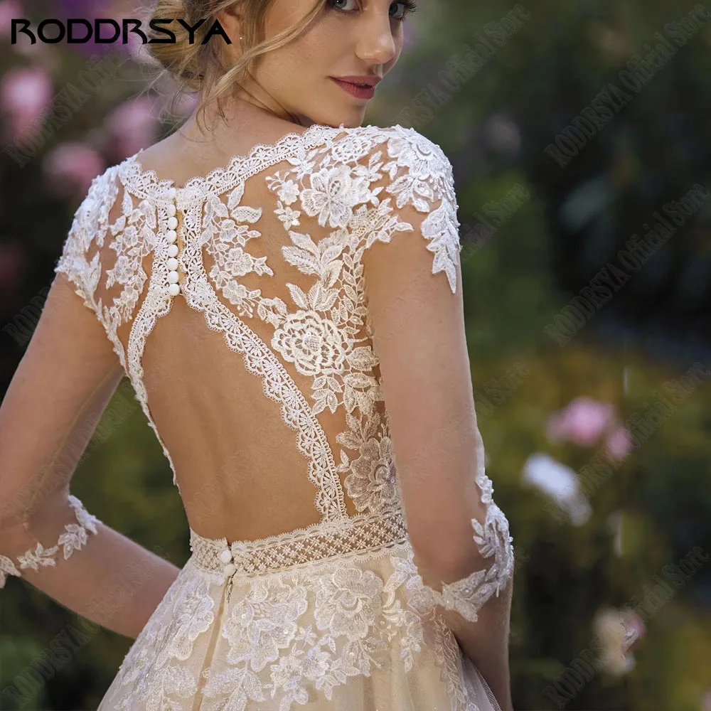 RODDRSYA Civil Lace Wedding Dress 2024 Backless 3/4 Sleeves Light Champagne Bride Gowns V-Neck Applique A-Line robe de mariée