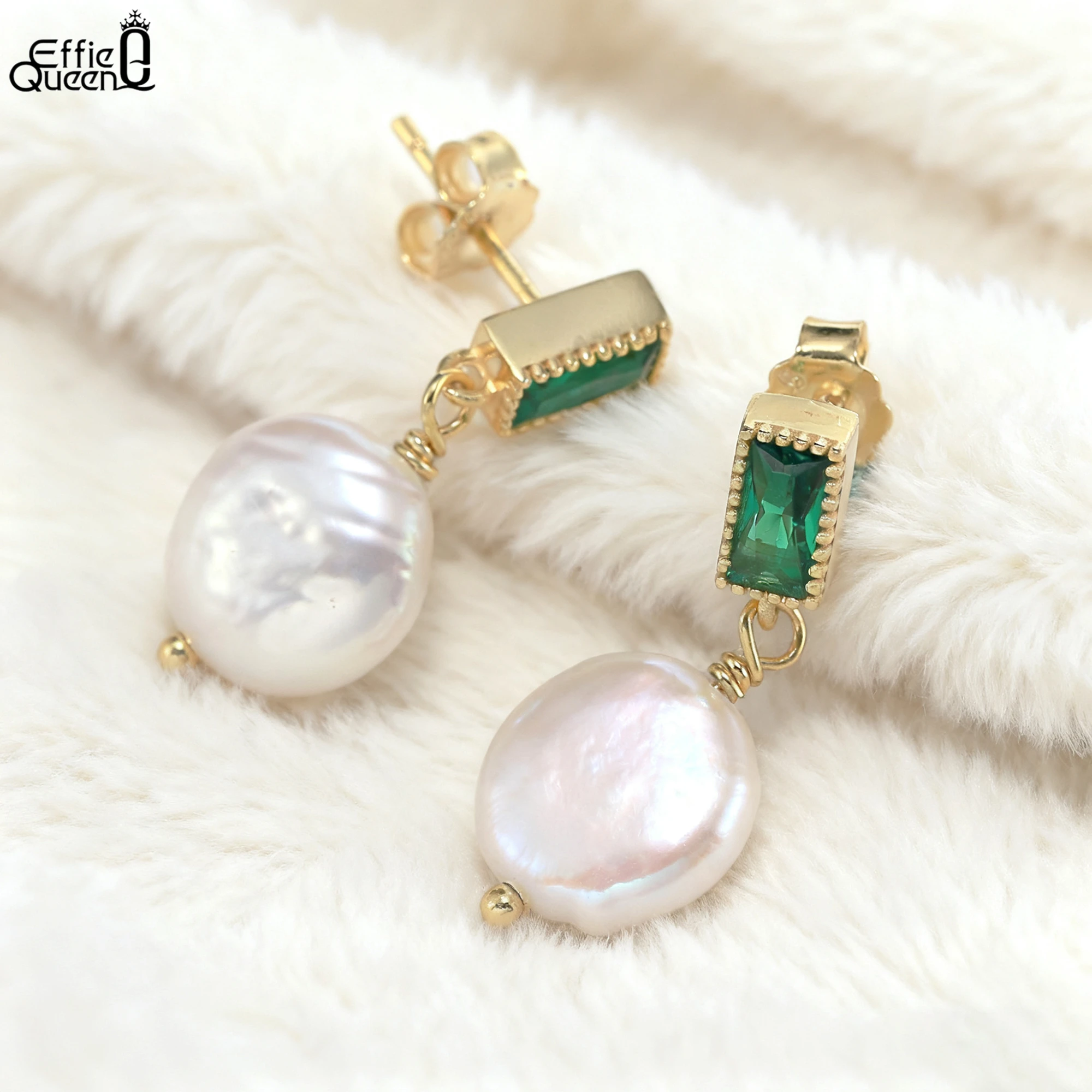 

Серьги-капли Effie Queen из стерлингового серебра 925 пробы с золотым жемчугом 14 карат и изумрудным цирконием, модные ювелирные изделия для женщин GPE82