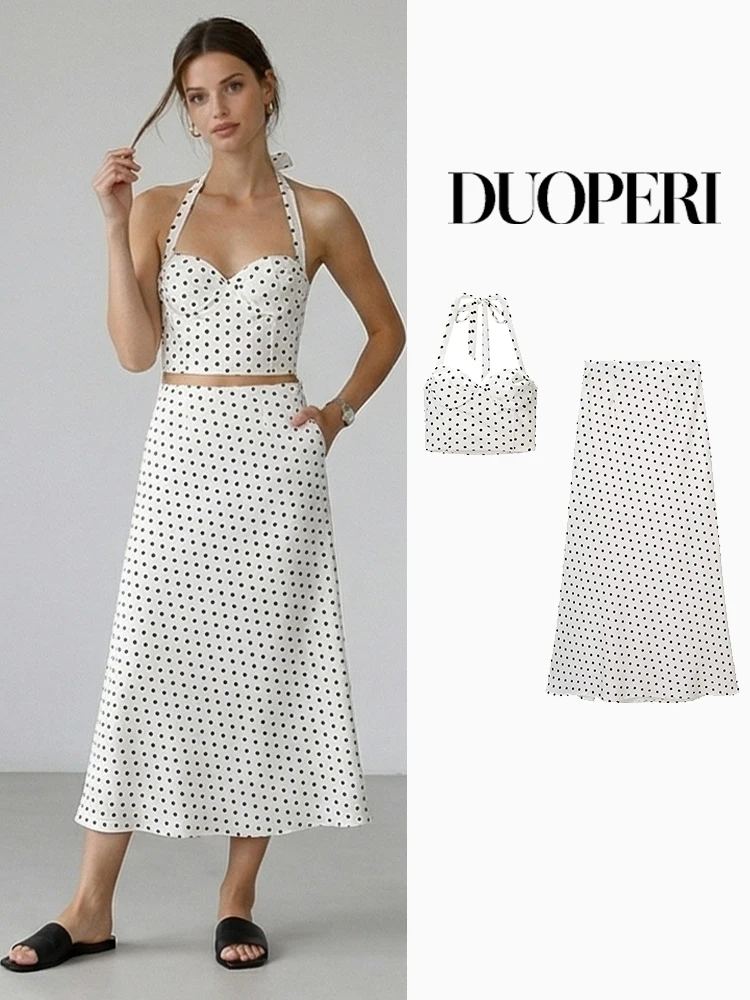 

DUOPERI Women Fashion 2 Piece Sets Dot Bowed Halter Neck Tops & Vintage Side Zipper Midi Skirt Female Chic Lady Skirts Set