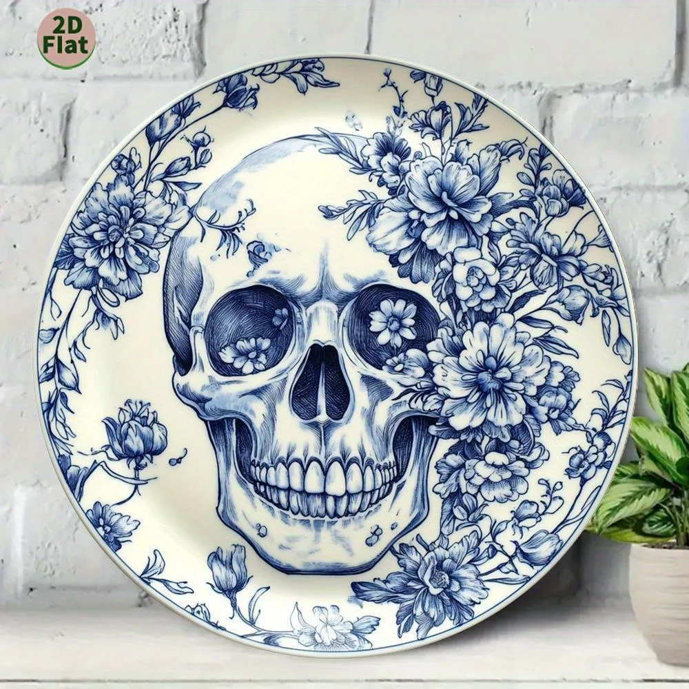 Vintage Delft Blue White Skull Floral Aluminum Wall Art Waterproof Durable Metal Sign For Home Bathroom Kitchen Bedroom Decor