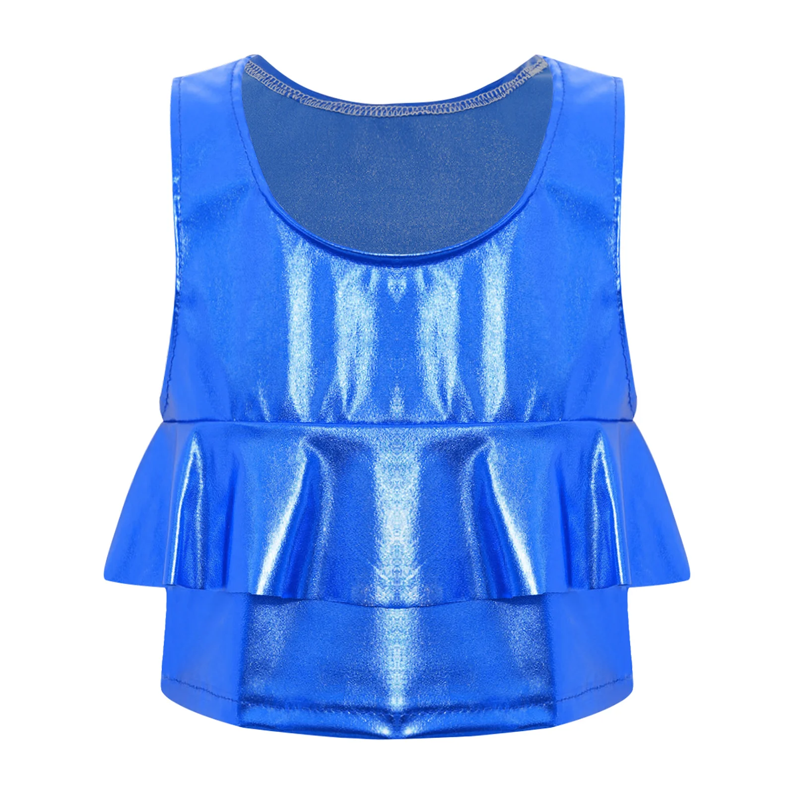 

Kids Girls Dance Top Metallic Ruffled Vest Round Neck Sleeveless Cropped Tank Top for Cheerleading Jazz Dance Stage Performance