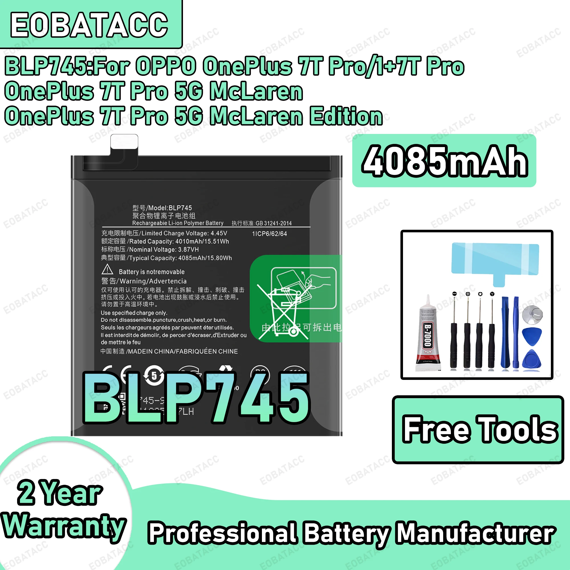

4085mAh 100% New BLP745 Battery For OPPO OnePlus 7T Pro/1+7T Pro Replacement Bateria+Free Tools