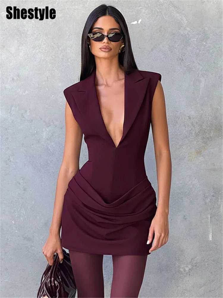 Shestyle عميق الخامس الرقبة منصات الكتف فستان أنيق المرأة الصلبة غمد مكتب سيدة سليم أكمام تانك سترة وتتسابق تاريخ الطرف #2