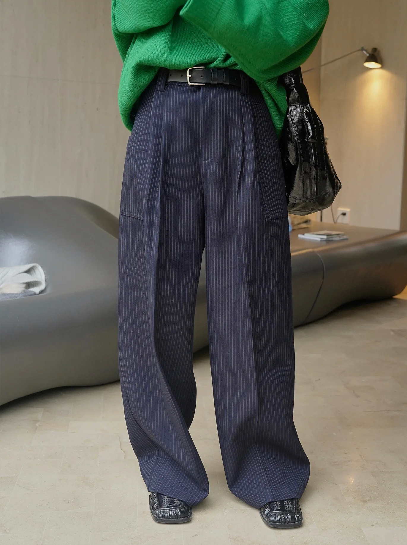 Autumn and Winter Women's Casual Stripe High Waist Loose Wide Leg Pants