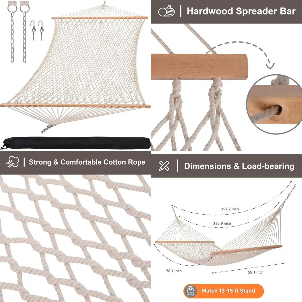 

Double Traditional Rope Hammock with Hardwood Spreader Bar, 450 lbs Capacity, Natural, Portable Outdoor Hanging Bed