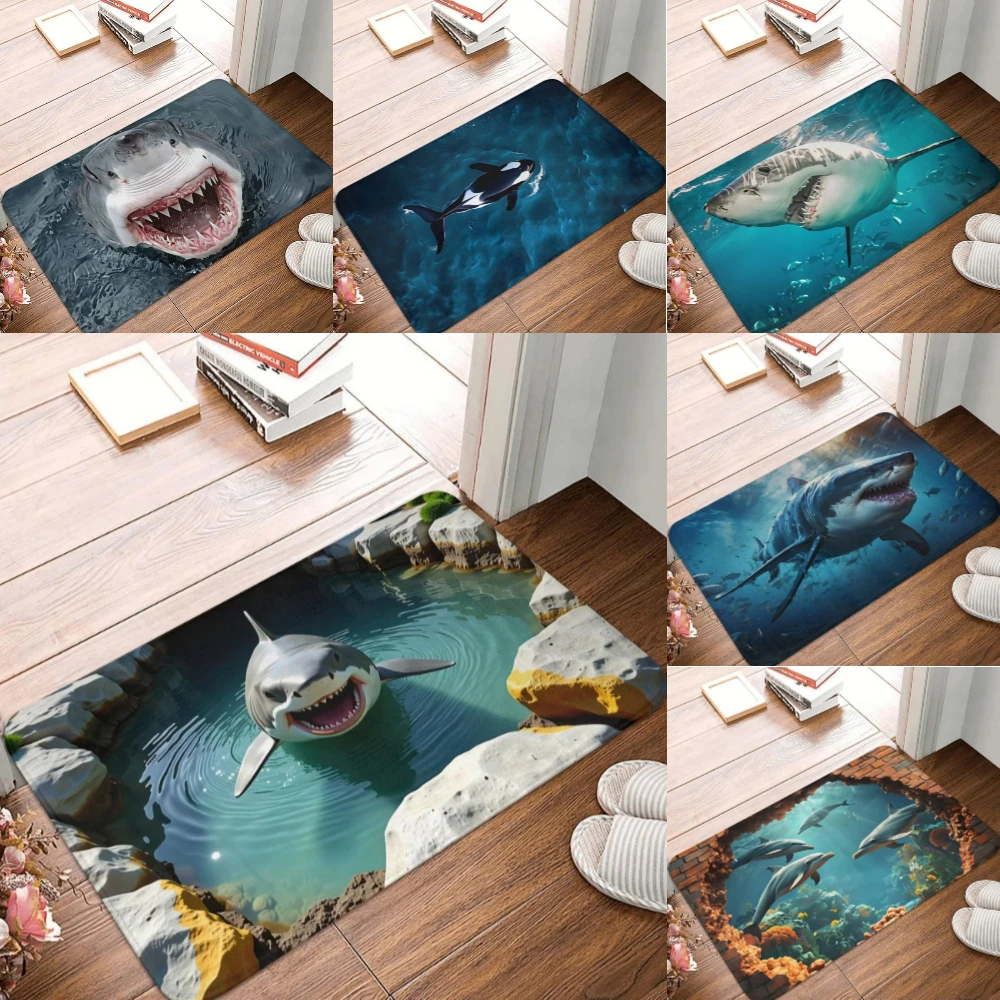 Illusion Mat Seabed Underwater World Orca Shark Doormat, Anti-Slip Indoor Welcome Mat for Living Room Bedroom Entrance Rug