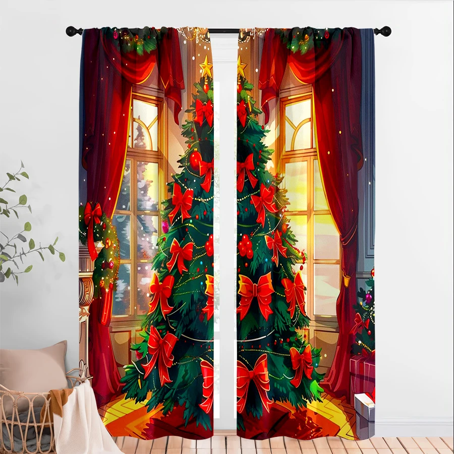 2PCS Digital Print Christmas Curtains, Red Curtain Window Tree Bows Gifts, Gorgeous Warm Window Drapes for Holiday Home Decor