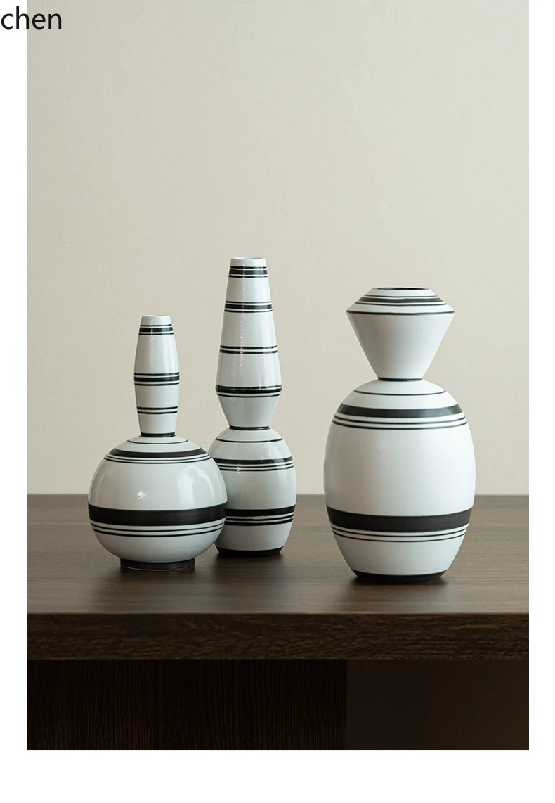HXL Ceramic Vase Striped Living Room Entrance Dining Table Flower Arrangement Decoration Ornament