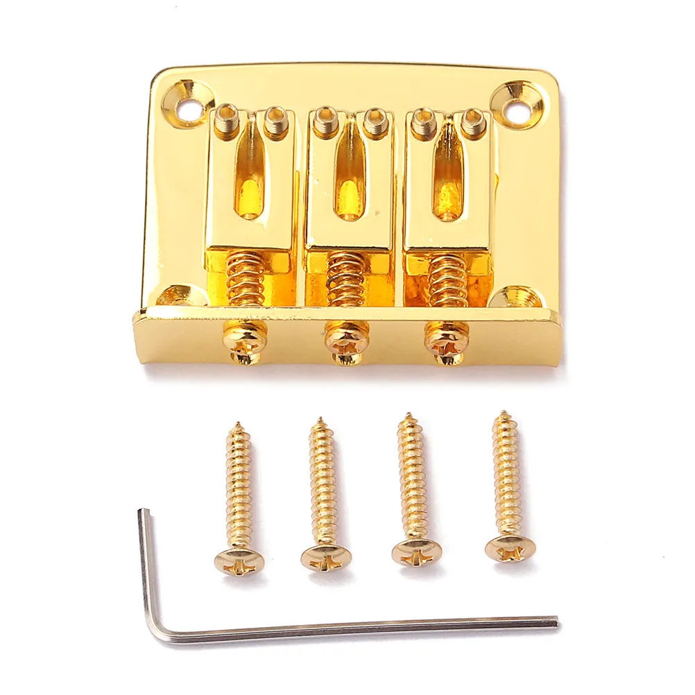 3 String Guitar Bridge Heavy Duty Metal for Bass Cigar Box Guitar Vintage Style 4 Screw Mount Top Load Adjustable Height Gold