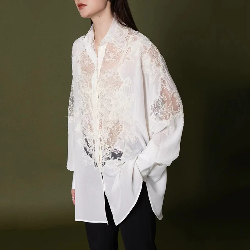 Women's Fashion Lace Embroidery Splicing Silk Long Sleeve Shirt with Sexy Tulle Camisole Lining Two Piece Set, Autumn, New, y2k