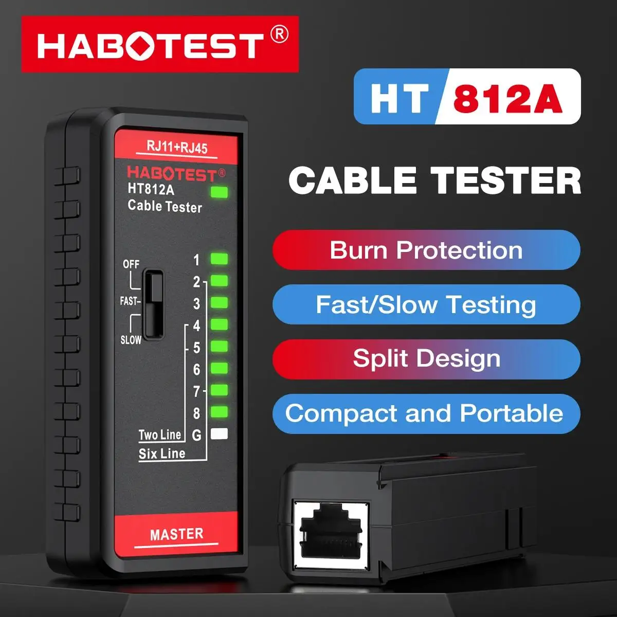 HABOTEST HT812A Cable Tester Network Cable Tester RJ11 RJ45 Dual-use Tester LED Status Display NC/HDMI Repair