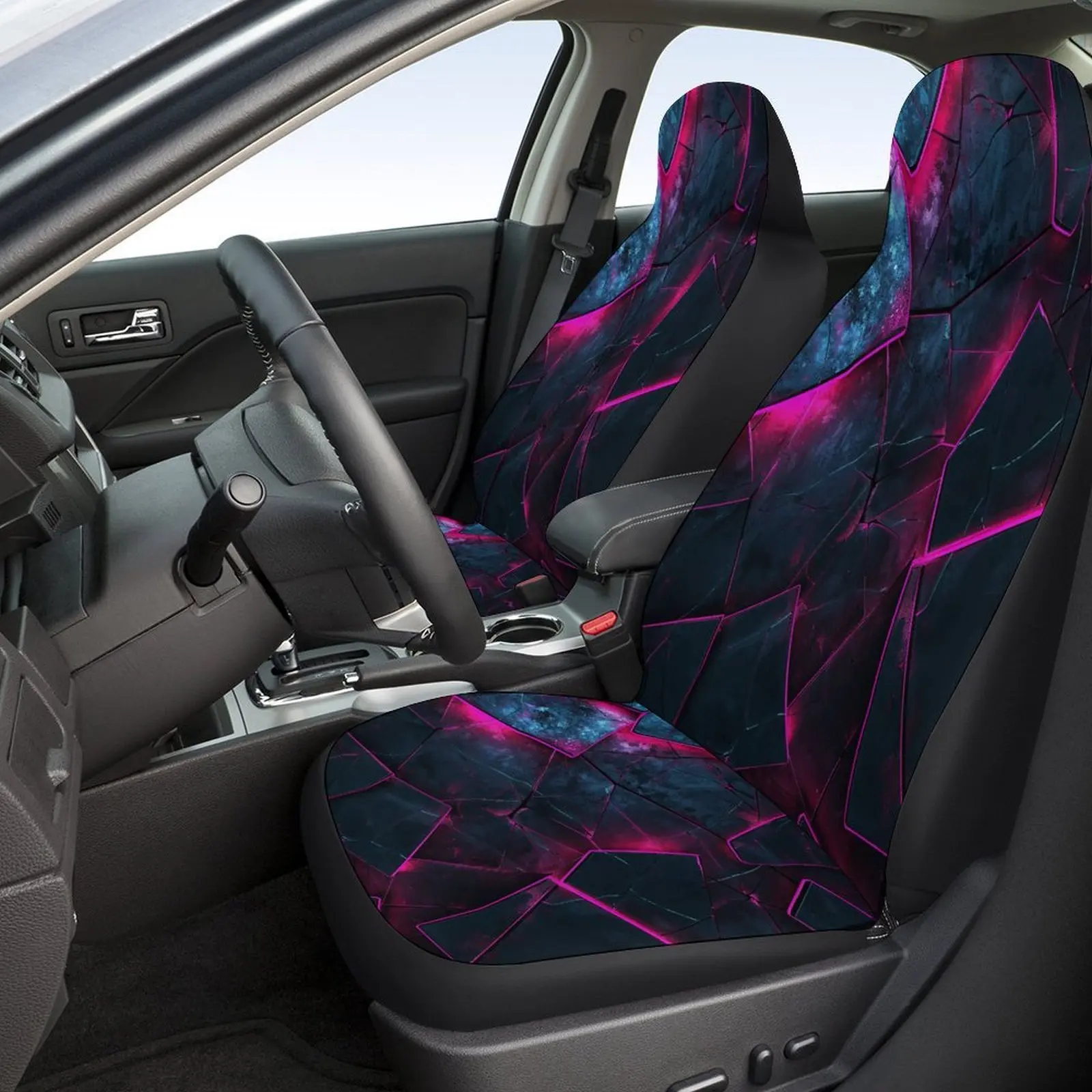 Set Of Car Seat Covers Featuring A Neon Cracked Design, Suitable For Various Vehicles. These Trendy And Breathable Covers Come A