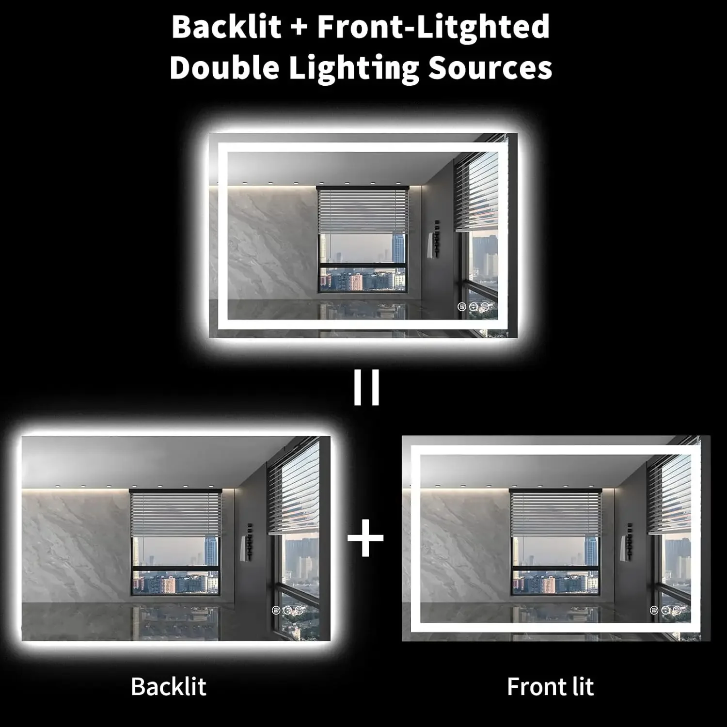 Loaao-HOMirror LED avec lumières, anti-buée, intensité variable, rétro4.2, avant, miroir de courtoisie 4.2 pour mur, 48x36